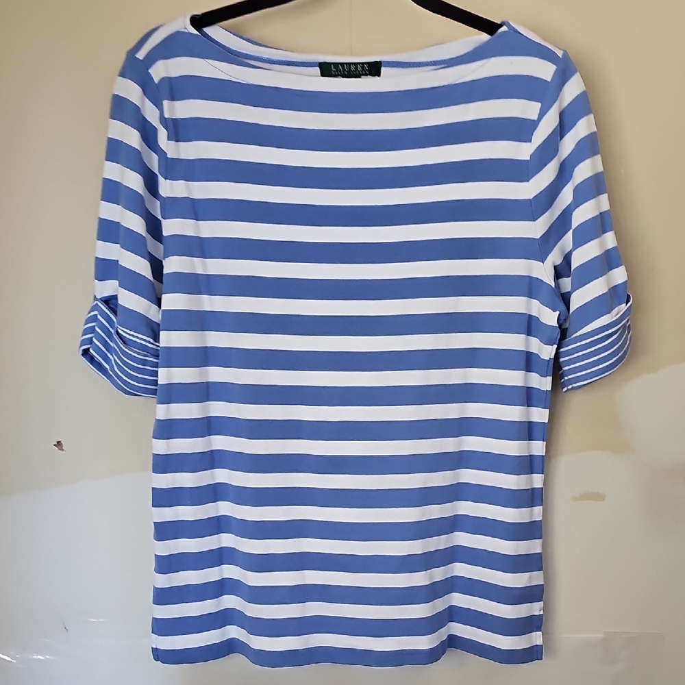 Ralph Lauren Blue and White Cuffed Sleeve Boxy Tee